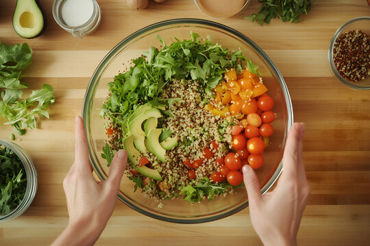 healthy vegan salad with avocado, tomatoes and grains in a glass bowl on wooden kitchen table