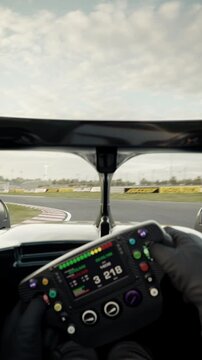POV shot of a race car doing a full lap on the track overtaking an opponent and crossing the finish line. Looping video. Car point of view. 3d animation rendering. New 2025 black and gold car design