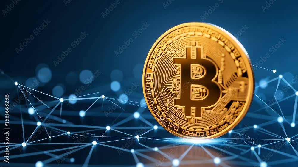Poster close-up of a golden digital coin with network connection lines and dots on a blue gradient backgrou