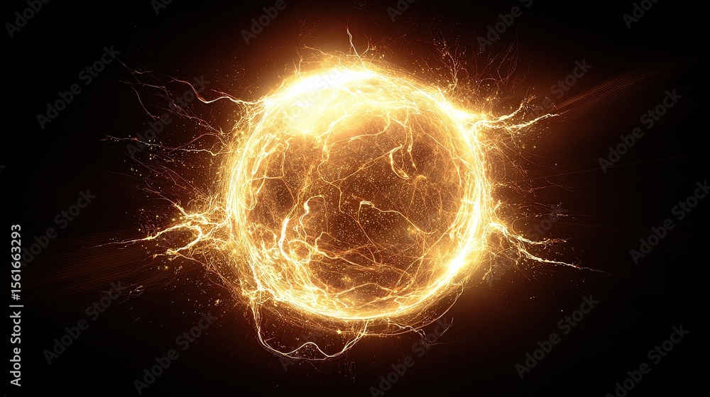 Poster glowing fiery energy ball with lightning sparks in a dark background, abstract science concept.