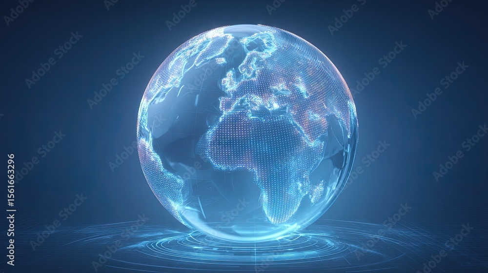 Poster futuristic digital earth globe with glowing continents and detailed textured surface.