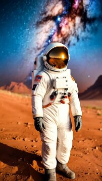 Astronaut in spacesuit with a US flag patch standing on a red sand planet with mountains and a starry sky, science fiction concept