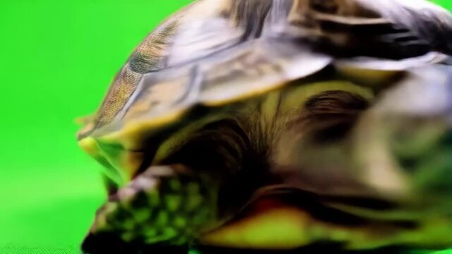 Close up shot of a turtle with a brown shell on a bright green background looking at the camera green screen animal video