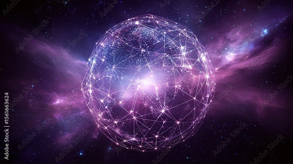 Poster futuristic glowing digital network sphere with interconnected lines in cosmic space scene.