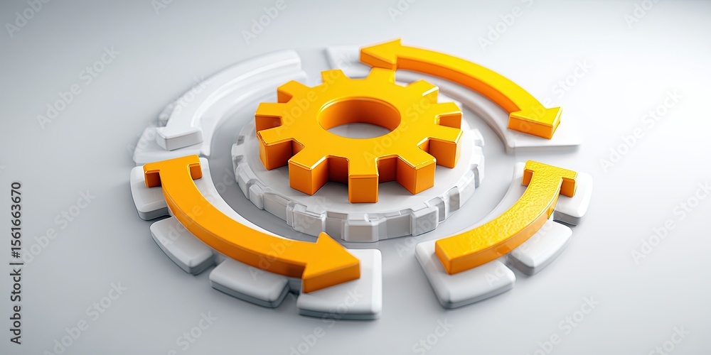Poster innovative orange gear with circular arrows illustrating process cycle and automation.