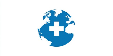 Obraz premium Global health concept with a white cross symbol on a blue world map background.