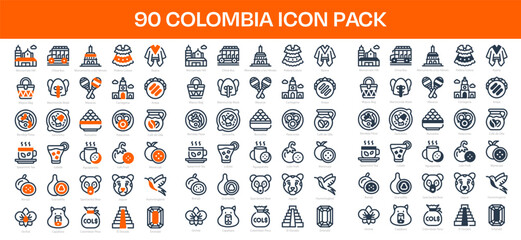 90 Colombia Icons in 3 Styles (Line, Solid, Two-Tone), Featuring Colombian Peso, El Dorado, Capybara, and More – Vector Illustrations