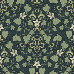 Hand drawn floral ornament. Muted green floral pattern.