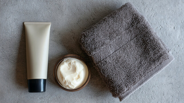 チューブタイプのクリームとグレーのタオル・シンプルなスキンケア（美容・コスメ・スキンケア） - Powered by Adobe