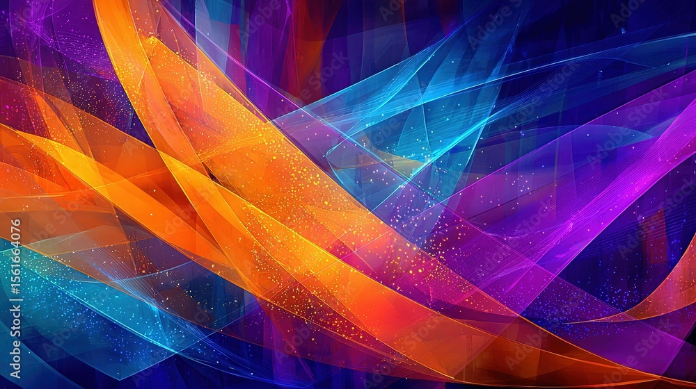Poster vibrant abstract background with colorful flowing light waves and sparkling particles.