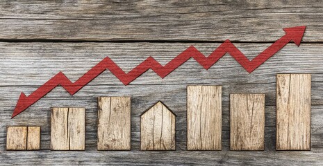 Red upward trend graph over wooden planks, showing growth