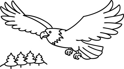 Obraz premium Soaring eagle in flight above evergreen forest majestic bird with outstretched wings, nature wildlife illustration