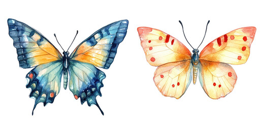 Two colorful butterflies, painted in soft watercolor hues