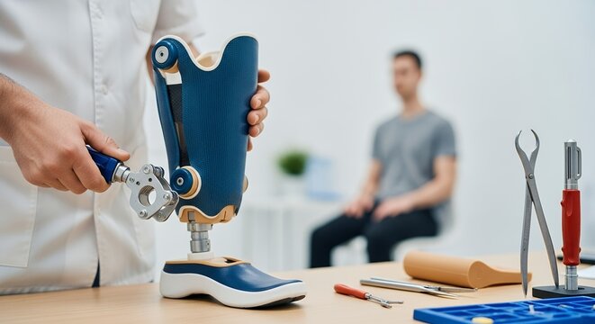 Prosthetist Adjusting Modern Prosthetic Leg in Clinic