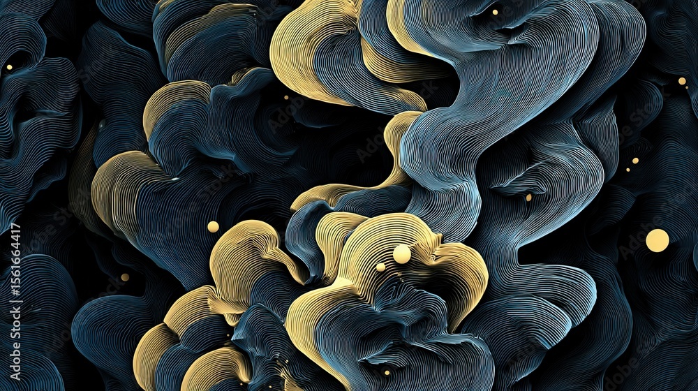 Poster abstract swirling blue and gold fluid shapes forming intricate cloud-like patterns with glowing acce