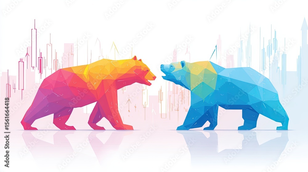 Poster two colorful low poly bears staring at each other with line chart background.