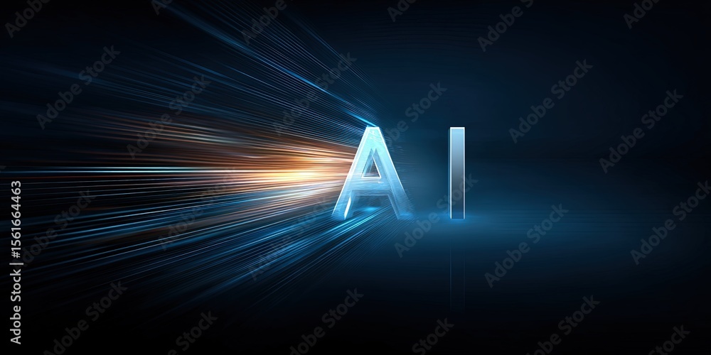 Poster futuristic ai technology concept with glowing letters and dynamic streaks of light.
