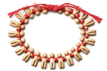 Obraz premium Small, light-brown figures, linked by red string, form a necklace