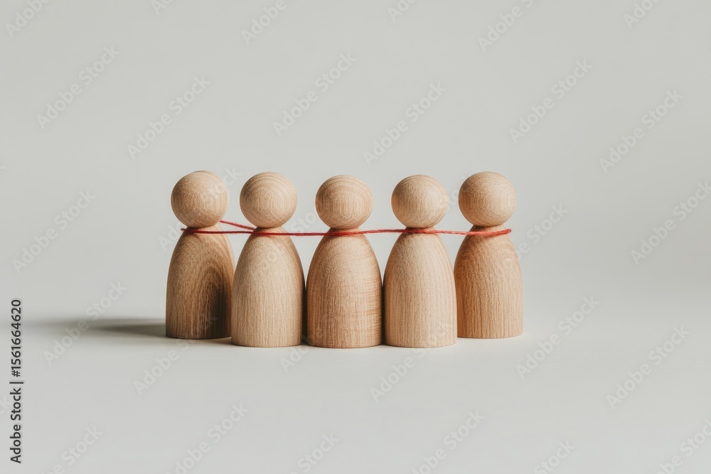 Poster five small, light-brown wooden figures linked by a thin red string, arranged in a horizontal row aga
