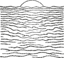 Obraz premium Minimalist sunrise over water with wavy black lines, simple hand drawn ink sea and sun illustration