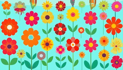 Vibrant vector illustration of various stylized flowers in full bloom with playful shapes and bright colors. Perfect for kids' art, stationery, spring designs, or decorative backgrounds.
