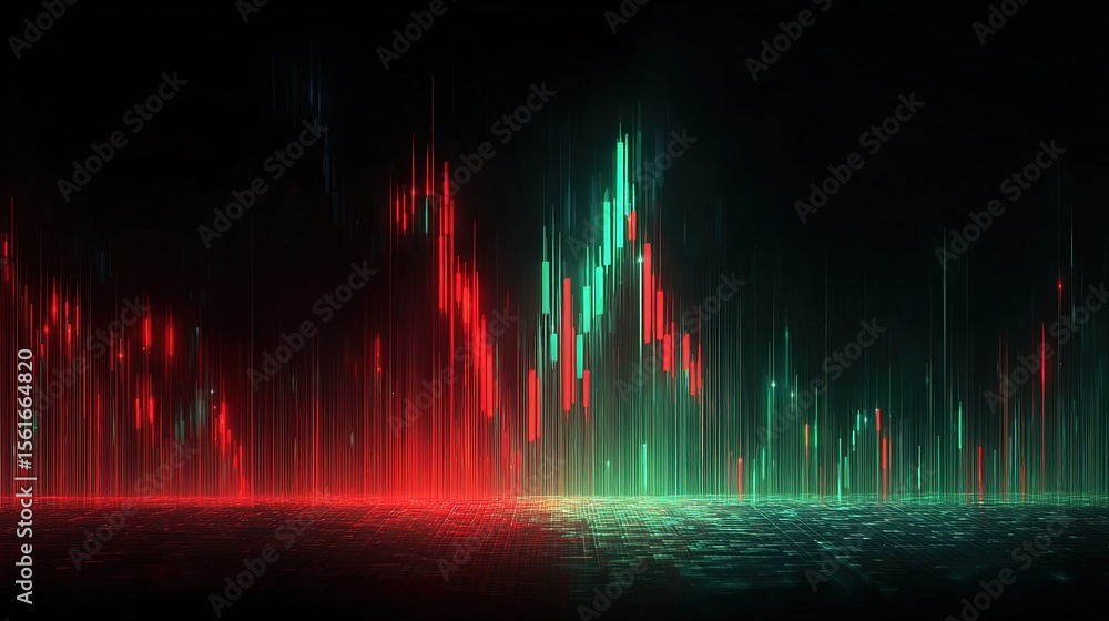 Poster Vibrant Digital Data Visualization with Dynamic Red and Green Light Reflections.