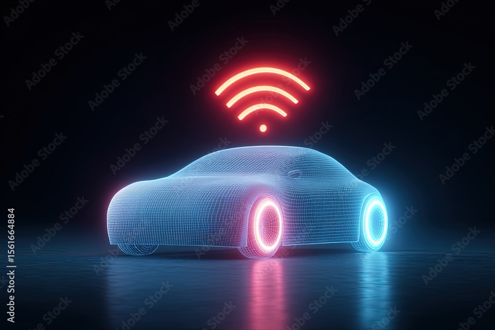 Poster Futuristic glowing car with wireless connectivity symbol representing smart technology.