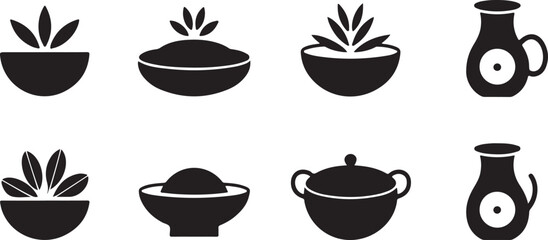 Minimalist black silhouette of mulligatawny soup bowl with curry broth and rice