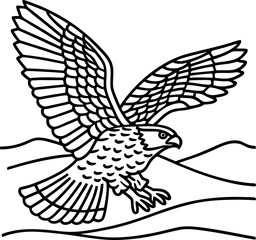 Obraz premium Majestic hawk flying over landscape outstretched wings, wild bird in motion, wilderness nature illustration, black white outline