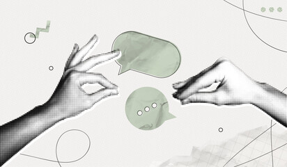 Trendy Halftone Collage Hands show Blah Blah gestures. Social media communication. Speech bubble messages. Discussion and conversation. Paper texture. Contemporary vector illustration art