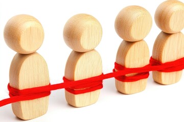 Four wooden figurines tied together with red string on white background