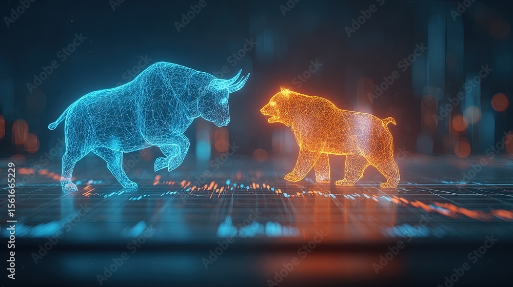 Poster futuristic holographic unicorn and bear digital 3d render glowing in dark.