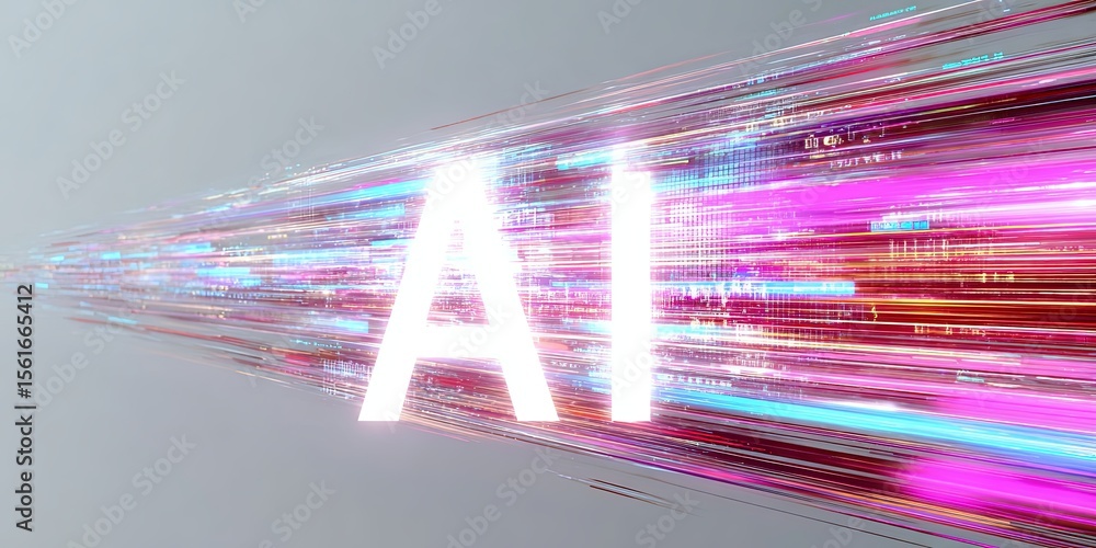 Poster Dynamic digital illustration of artificial intelligence concept with glowing AI letters.