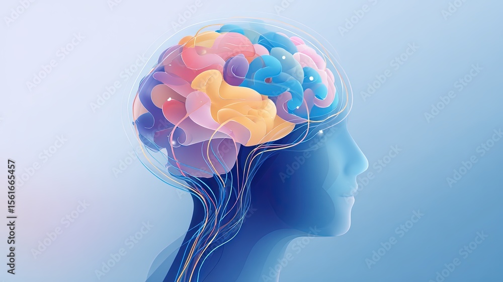 Poster highly detailed digital illustration of a human brain with colorful neural connections in profile vi