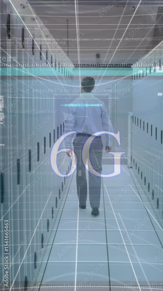 Poster animation of data processing and hacker over caucasian businessman in server room