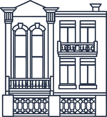 Classic urban residential building with balconies and decorative windows architectural facade line drawing illustration
