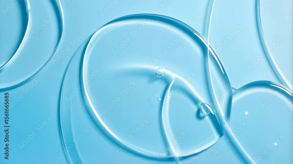 Poster elegant translucent fluid circles overlapping on light blue background; gentle waves and bubbles cas