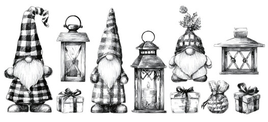 Gnome decorations with lanterns and gifts in monochrome style  