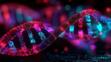 Highly detailed close-up of colorful glowing DNA double helix structure in dark background.