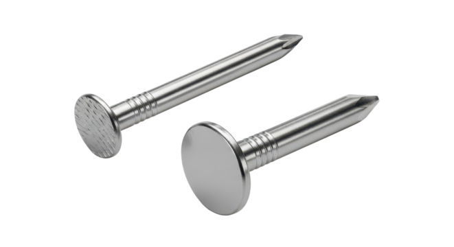 Two metal nails with flat heads isolated PNG with Transparent Background