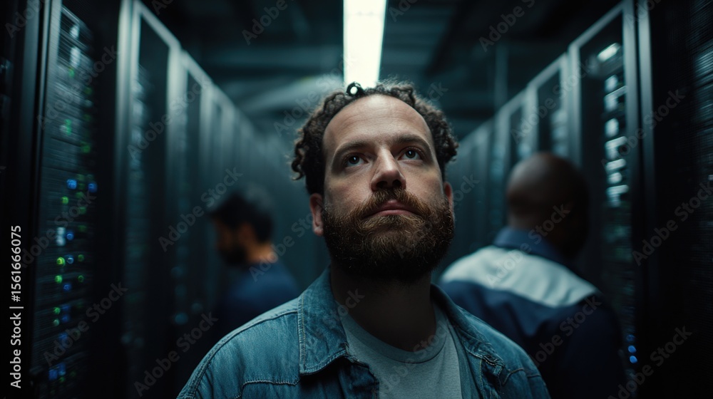 Poster Male cybersecurity technician analyzing data in server room with focused expression.