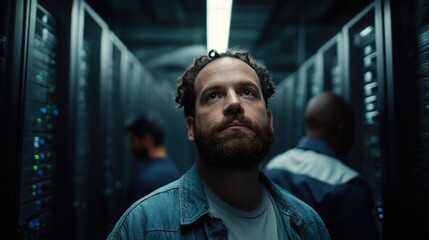 Male cybersecurity technician analyzing data in server room with focused expression.