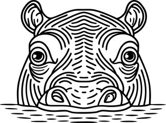 Hippopotamus face line drawing stylized animal portrait, black and white  illustration, wildlife design