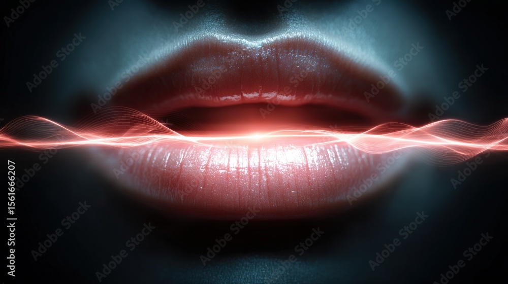 Poster close-up of lips with digital light waves and neon effects creating a futuristic vibe.