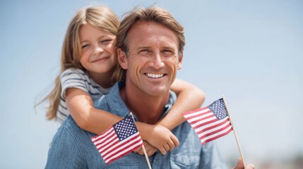 Happy Father and Daughter Celebrating Independence Day with American Flags Outdoors.