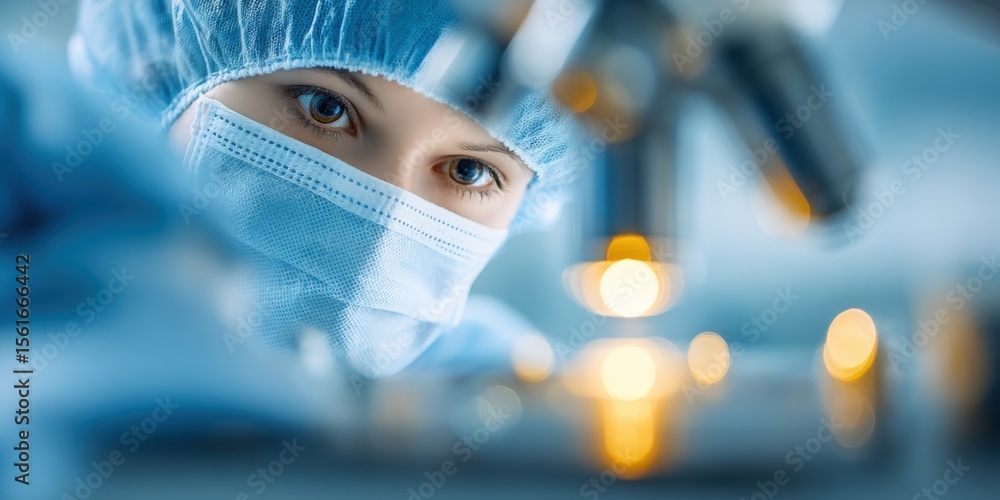 Poster close-up of female scientist in mask using microscope in laboratory setting.