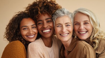 Diverse group of smiling mature women with friendship and happiness in close-up portrait.