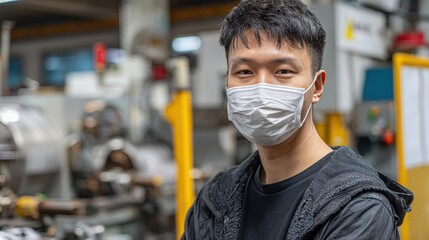 Young man wearing a face mask in a busy industrial or workshop environment with machinery and tools.