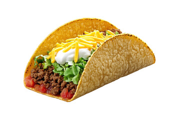A taco, filled with ground beef, lettuce, sour cream, and cheese, nestled in a golden corn tortilla