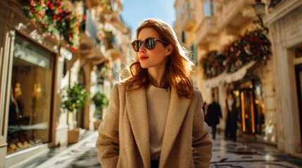 Obraz premium Elegant woman wearing sunglasses walking along charming city street with historic architecture.